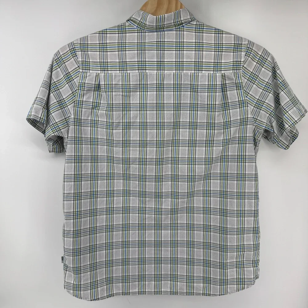 The North Face Men XL Plaid Short Sleeve Button Up Shirt Blue Green Hiking Trail